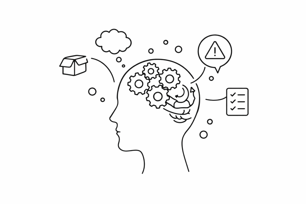 Minimal black-and-white line illustration representing mental load and constant vigilance.