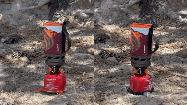 Camping stove stabilizer comparison showing unstable canister stove tipped over vs anchored setup with HaloGrip on uneven ground