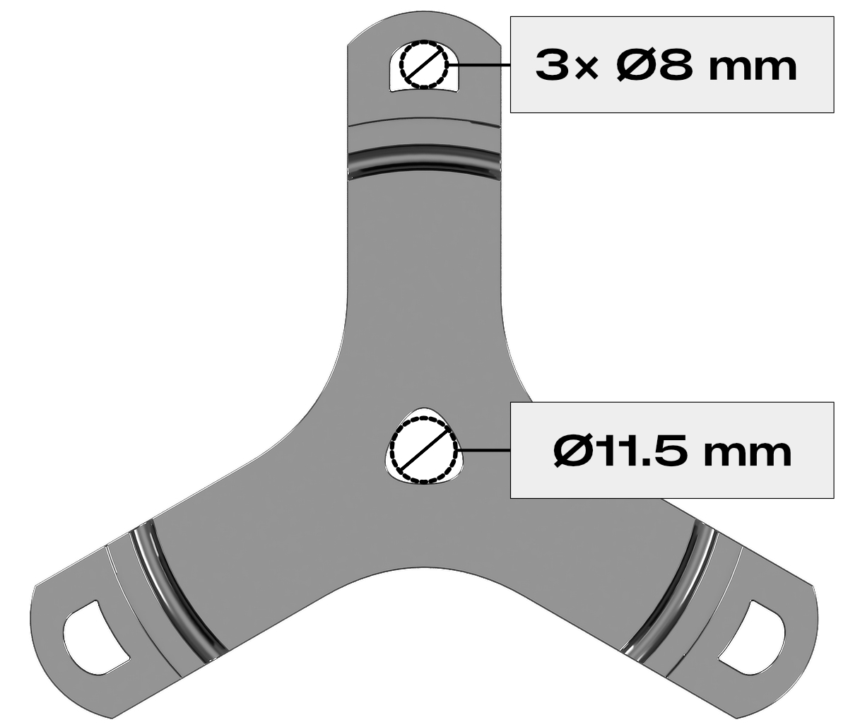 Camping stove stabilizer hub with labeled stake hole sizes, showing 3x Ø8 mm outer holes and Ø11.5 mm center hole